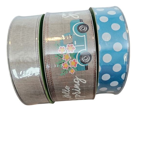 Members Mark Ribbon 50 Yards Wired Spring 1.5" 2.5" 3 Set Blue Truck Polka Dot B - Picture 2 of 7